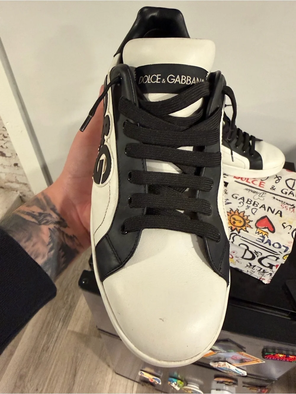 Dolce & Gabbana Black and White Logo Sneakers with Branded Box